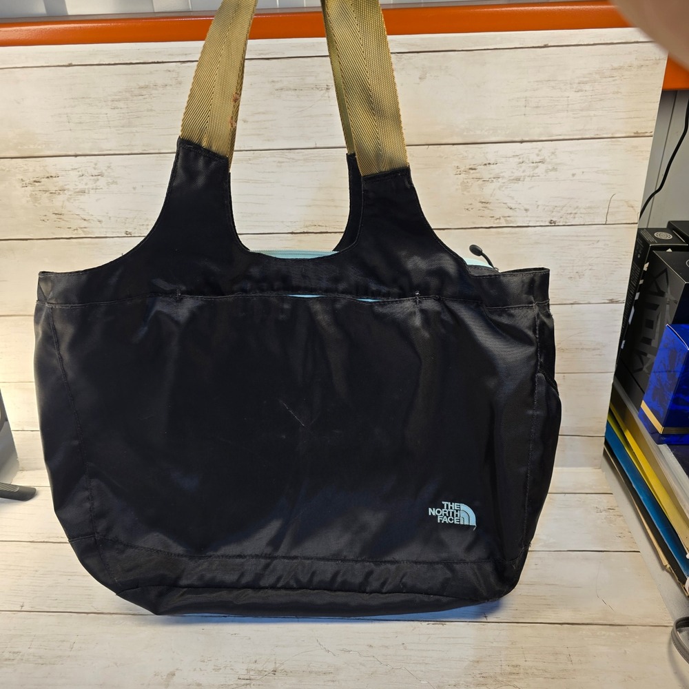 The North Face Black Nylon Tote Bag Seafoam Green Lining Tan Straps Zippered